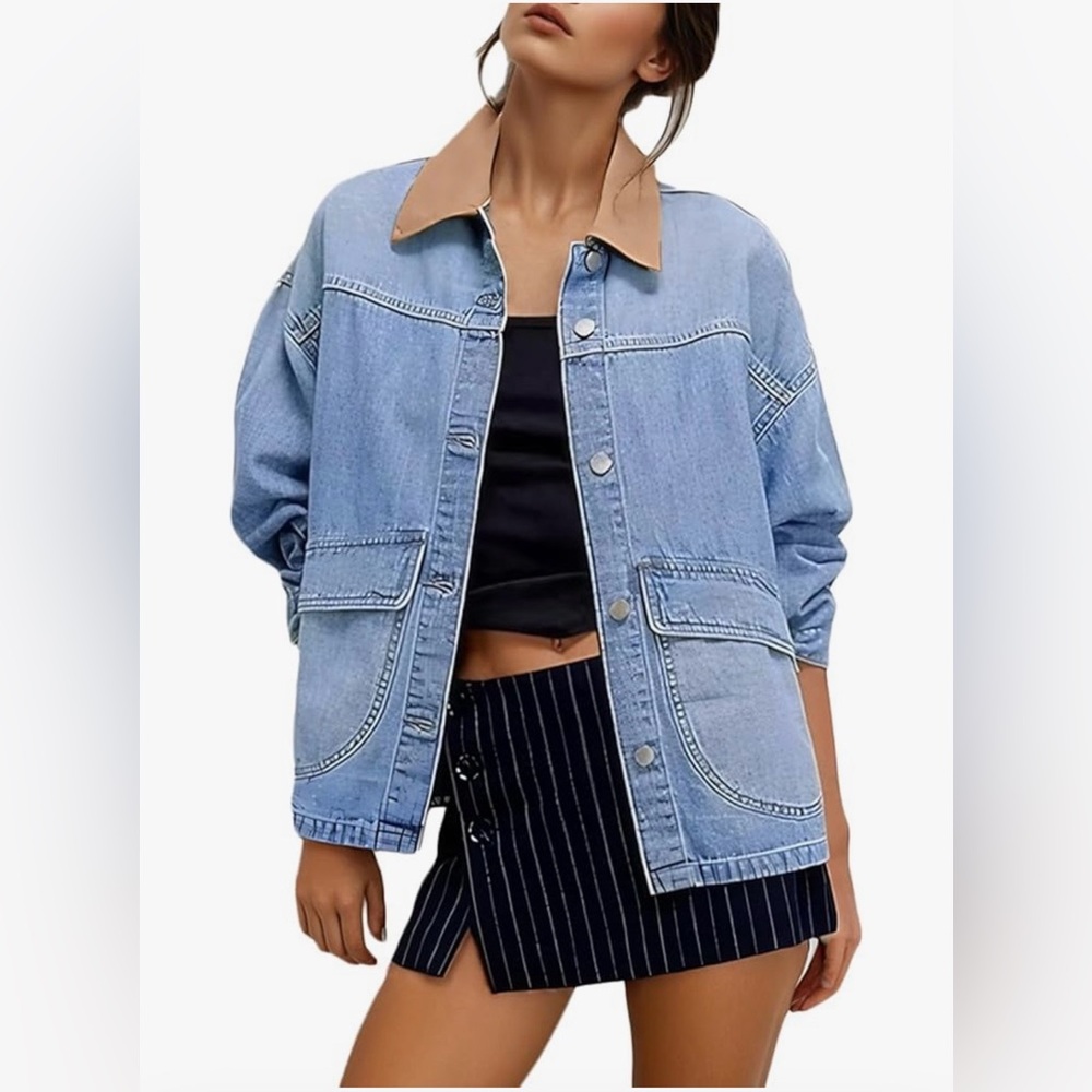 NWOT Boutique Women's Light Blue Denim Barn Jacket with Tan Corduroy Collar Sz L